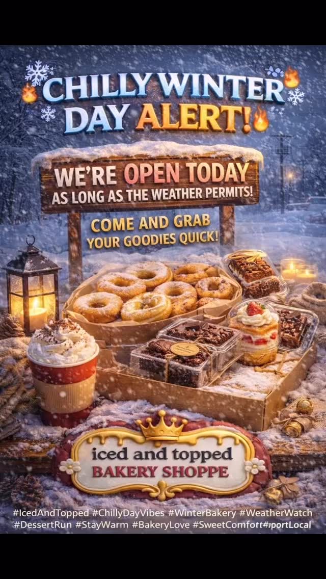 ❄️🔥 CHILLY WINTER DAY ALERT! 🔥❄️
We’re OPEN TODAY as long as the weather permits, so now’s the time to slide through and grab your goodies! 🍪🍰
Warm desserts, cozy drinks, and all your favorites are waiting — but don’t wait too long. Come in quick and treat yourself before the weather makes up its mind. 💛
Stay warm, stay safe, and let us sweeten your day.
📍 Iced & Topped Bakery Shoppe
#IcedAndTopped #ChillyDayVibes #WinterBakery #WeatherWatch #DessertRun #StayWarm #BakeryLove #SweetComfort #SupportLocal