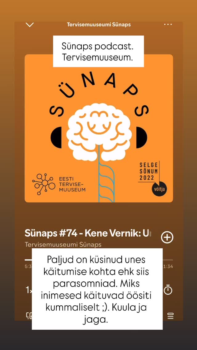 Kuula spotify SÜNAPS! About the episode
23. February 2024
Psühholoog ja unetehnoloog Kene Vernik räägib levinumatest parasomniatest ehk unehäiretest, millega kaasnevad ebatavalised liigutused, emotsioonid, tajud ja
unenäod. Mis võib panna inimese magades kondima ja kuidas võiks temaga sel juhul käituda? Kuidas tekib unehalvatus ja luupainajaefekt? Kas unes söömine on müüt või mitte? Lisaks tuleb muuhulgas juttu unearhitektuurist ja unenägude rollist vaimsest traumast taastumisel. Vastuse saab ka küsimus, kas und saab ette või järele magada.
