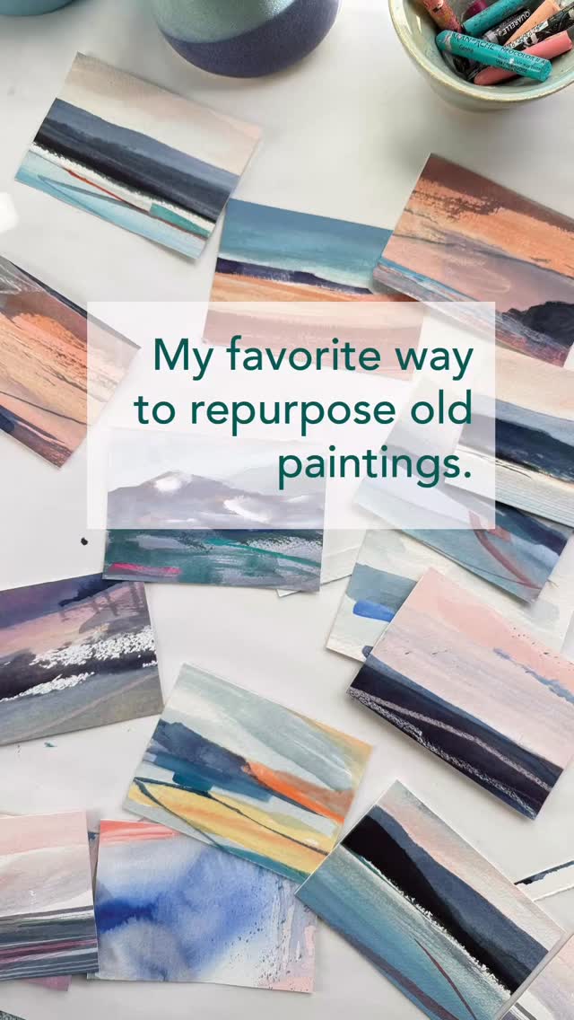 My favorite way to repurpose an old painting that didn’t work out: cut it up and make miniatures! I use a little viewfinder I made to find the best composition and then cut accordingly.
I end up using these to make my little art greeting cards. I’m prepping these for the upcoming art fair I’m participating in: HeART Fest on February 7th at the Black Pearl in Washougal, Washington. Come out and see us! The Black Pearl is a beautiful venue right in the Columbia River. Just two weeks from today. 📅
.
@artisansguildofcamas
#abstractlandscapes #pnwartist #artprocess #arttips