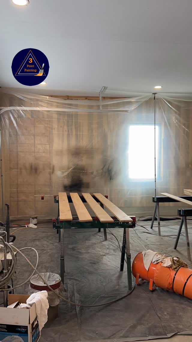 Doing another round of 1st clear coat on stained trim boards #3pointpainting #interiorpainting #siouxfallspainter #3ppstaining #3ppfullhomeservices