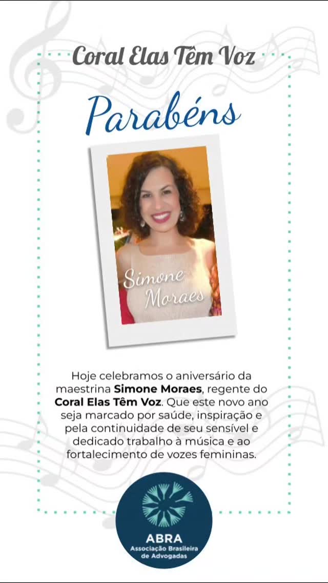 Hoje celebramos o aniversário da maestrina Simone Moraes, regente do Coral Elas Têm Voz.
A ABRA parabeniza por mais um ano de vida e reafirma sua admiração por sua trajetória. Que este novo ciclo seja próspero, leve e repleto de boas realizações.