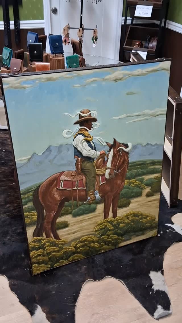 Custom Leather frame work for artist @drewmacias_ . #art #painting #gallery #oilpainting #westernart