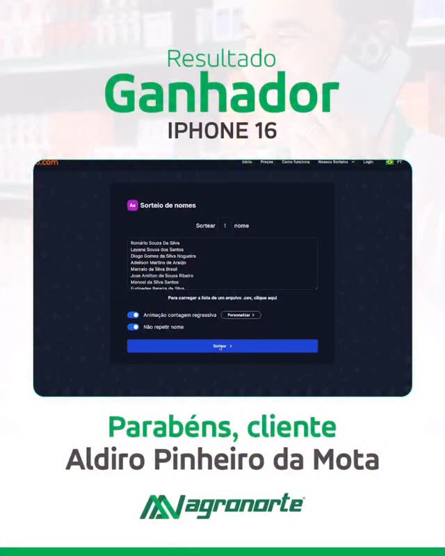 Resultado da Promoção: Entrega do iPhone 16
Temos o prazer de anunciar que o ganhador do iPhone 16 é Aldiro Pinheiro da Mota.
Na Agronorte, valorizamos a parceria e a confiança de nossos clientes. Manter seu cadastro atualizado garante que você participe de nossas iniciativas e benefícios.
#ResultadoAgronorte #ClientePremiado #Agronegócio #Agronorte