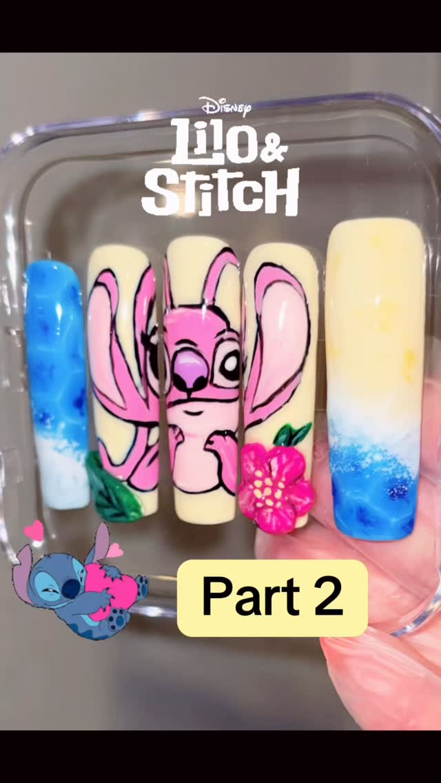 Part 2 of the Lilo and Stitch set is complete 😊 Angel looks as cute as Stitch if not cuter. I obviously I just had to add some 3D flowers. Let me know what you think in the comments. Custom Orders available pm for details or visit our website at www.nailartbyvicky.com #nailart #handpaintednails #pressonnails #liloandstitch #nailsnailsnails