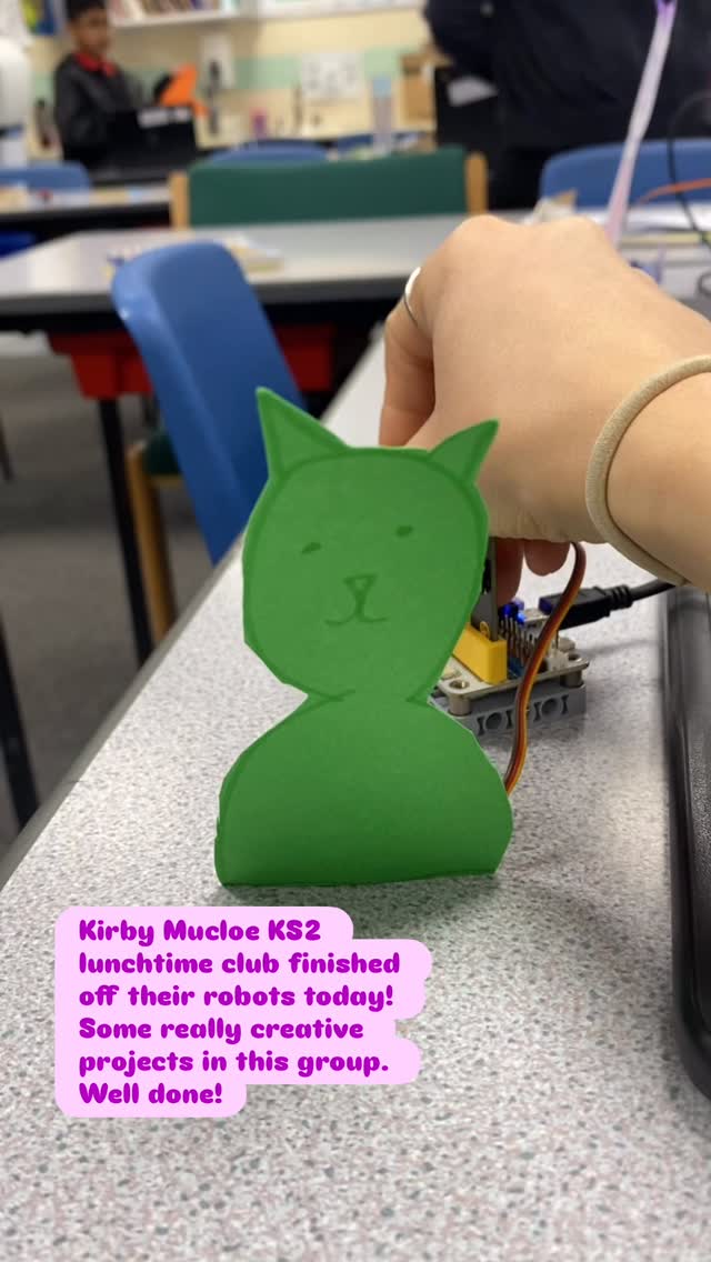 Our Kirby Muxloe KS2 lunchtime club finished off their robots today, some really creative projects here! Well done guys. We coded servos to move to specific angles using the micro:bit and breakout boards. #codingforkids #younginnovatorsclub #creativecoding