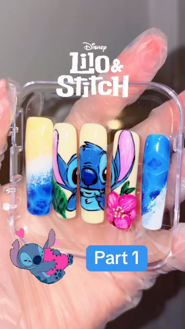 Hand Painted Lilo and Stitch Press on Nails with Beach Scene and 3D Flower Nail Art - Part 1 is finally complete! How cute are these! I can’t wait to finish them. If you are interested in a custom order please feel free to dm us or visit our website www.nailartbyvicky.com #nailart #liloandstitch #nailsnailsnails #handpaintednails #pressonnails