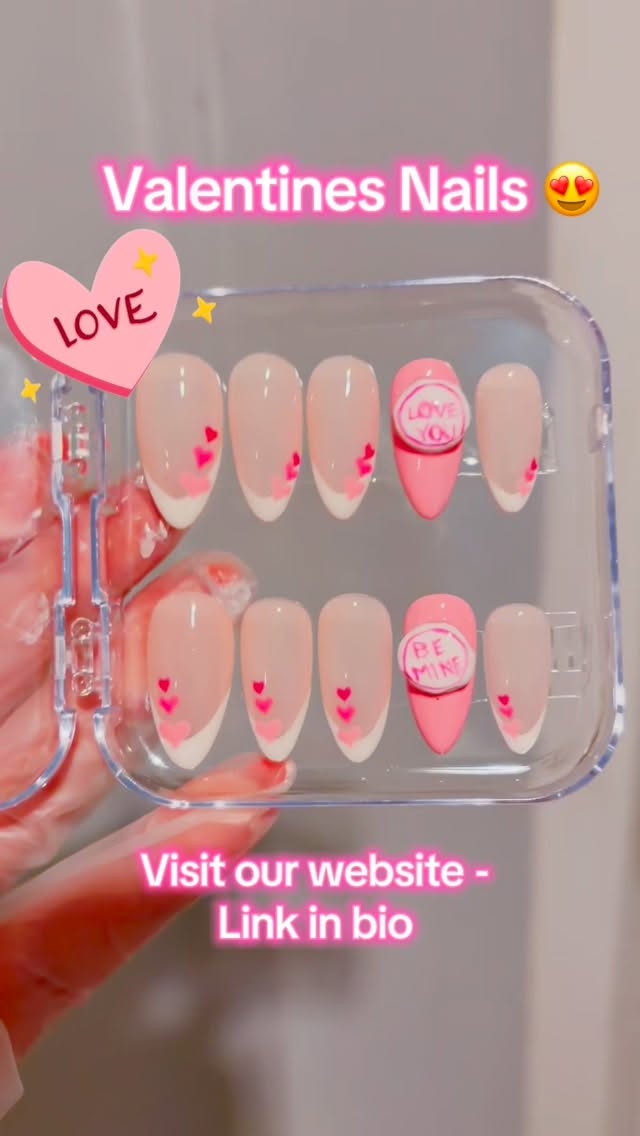 New set of Hand Painted Pink Heart Valentines Day Nails with French Tips and 3D Loveheart Candy Sweets #nailart #handpaintednails #nailsnailsnails #valentinesday #pressonnails nails naildesigns handpainted valentinesdaygiftideas