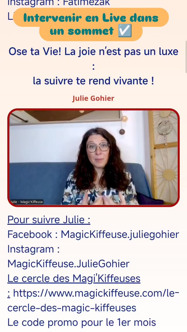 Hier soir je suis intervenue en Live dans un Sommet pour la première fois 😍
Cette conférence n’était pas parfaite.
Loin de là.
Je me suis sentie à l’aise…
et en même temps, pas toujours fluide.
En me regardant, je vois des hésitations,
du doute,
un manque de confiance par moments.
Et c’est OK.
Ce qui comptait pour moi hier,
ce n’était pas la performance.
C’était oser.
Oser faire ma première conférence en live.
Oser participer à mon premier sommet.
Oser ce dépassement de moi,
sans savoir exactement comment ça allait se passer.
Oui, je me suis plantée à certains endroits.
Oui, je ferai mieux la prochaine fois.
Et alors ?
Les erreurs, les échecs,
font partie du chemin.
À partir du moment où l’on sait revenir en sécurité,
ça devient une possibilité parmi d’autres.
Ça ne paralyse plus.
L’essentiel, pour moi, est là :
le fond est passé.
Le message que j’avais à cœur de transmettre
a été transmis.
Et surtout, j’avais cette intention très claire :
si moi je peux oser ça,
alors TOI AUSSI,
ce truc qui t’appelle mais que tu n’oses pas encore…
vas-y.
Tente.
Au pire, tu te plantes.
Et ce n’est pas grave.
OSE 🔥
Merci du fond du cœur
à toutes les personnes présentes en live hier,
et à celles qui regarderont le replay 🩵
🧵 Oser, ce n’est pas ne plus avoir peur.
C’est avancer même avec elle.