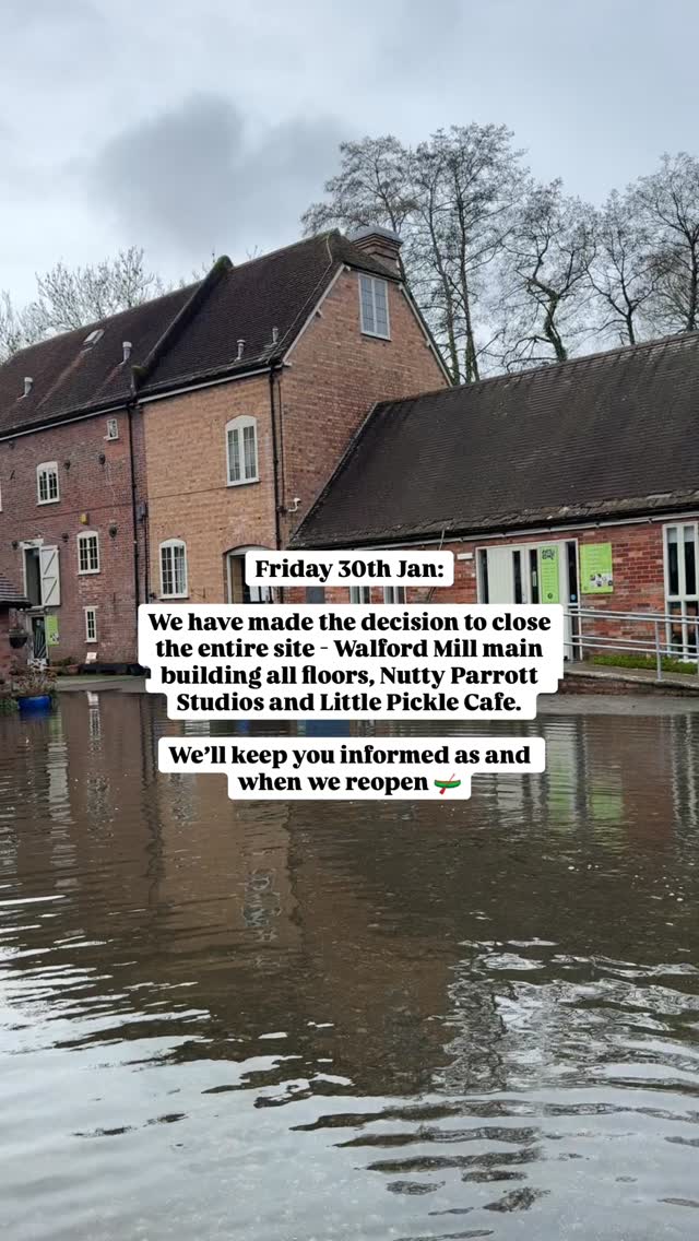 Friday 30th Jan 2026: following on from the flood on Wednesday which was receding, last nights heavy rain has raised the flood back up into the courtyard and inside the bottom half of the mill building.
This time it has also flooded Nutty Parrott Studios.
Water is dangerously close to @littlepickleatthemill cafe which is totally surrounded and is essentially now an island. Andrew is placing sandbags outside as we speak!
With all the risks this flooding poses, not least with the electrics in the main flooded building, we’ve made the difficult decision to close the whole site until further notice.
We are CLOSED tomorrow (Saturday), and will let you all know via social media when we reopen.
Fingers crossed for no more rain and for the flood waters to recede. Thanks for your understanding 💙
All at Walford Mill Crafts
#walfordmillcrafts #floodingdorset @wimbornebid