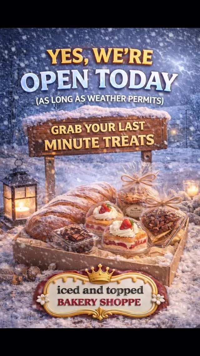 We’re open today as long as weather permits #IcedAndTopped
#WeatherPermitting
#SnowyDayTreats
#OpenToday
#LastMinuteTreats
WinterBakery
SnowDayVibes
DessertRun
BakeryLove
SweetComfort
SupportLocal