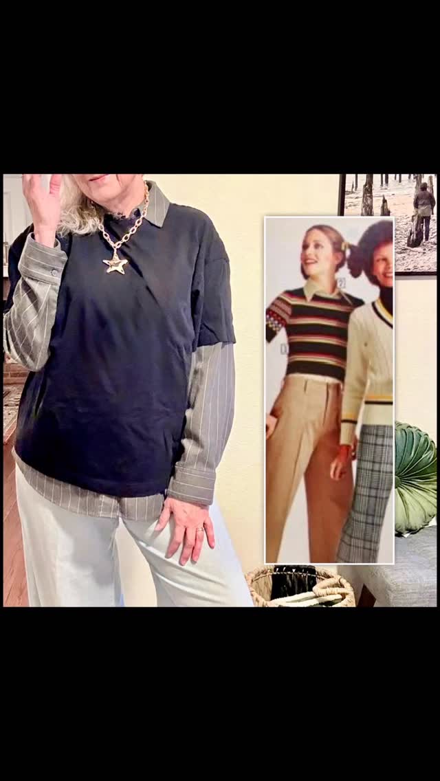 I was in high school 🏫 in the 70s and I remember wearing tight T-shirts over turtlenecks… And did you know that look is back? But I think it’s a little bit looser fit and can be dressed up or down, however, you want to wear it. I’m wearing a button up shirt with an oversized T-shirt, and some baggy jeans 👖 . I can add a brooch and a bag, I can add a hat and a necklace, or a pretty 😍 scarf… and penny loafers from @target a fave. What do you think about this trend? #thymemag #70sfashion