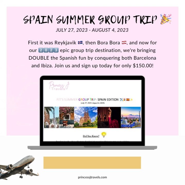 Merry Christmas!! 💕 For our very special gift to you, you may now sign up for our summer group trip to Spain. 🎉🇪🇸
If you’re looking to: explore a new destination, take a well deserved vacation, party in the clubbing capital of the world, learn Spanish culture, celebrate your latest accomplishment, travel solo or with likeminded travelers, then this trip is for YOU. 🥰
Message or email us to receive the tentative itinerary and a trip information packet. Please also refer to our group trip highlight for answers to our most frequently asked questions. We look forward to servicing you. ✈️
#pjt #princessj #princessjtravels #solotravel #solotraveler #grouptrips #chicagotravel #travelagent #travelagency #luxurytravel #luxurytraveller #traveldiaries #ibiza #ibizastyle #ibizasummer #barcelona #barcelonacity #chicago #nyc #travelgram #howardalumni #flamencoshow #merrychristmas #explore #wanderlust #signupnow #girlstrip #guystrip #europe #europetravel