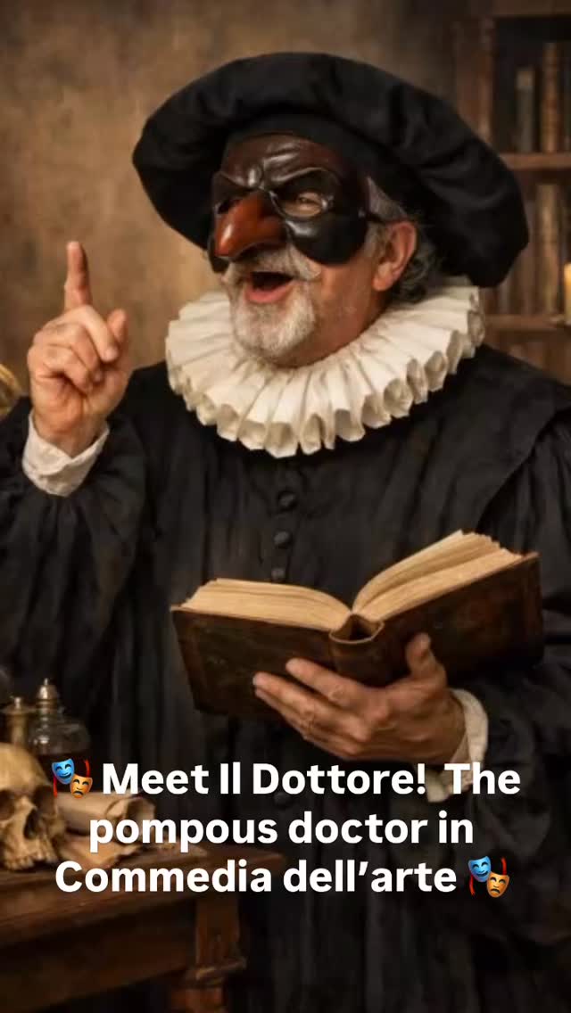 🎭 Meet Il Dottore: the ‘doctor’ in Commedia dell’arte
A pompous know-it-all, this classic stock character is a doctor (or at least pretends to be one) who loves to ramble on about nonsense in a mix of Latin and gibberish. Often the butt of the joke, he represents the folly of excessive intellect without wisdom.
Il Dottore in Commedia dell’Arte is usually dressed in the traditional style of a medieval doctor, with a huge black suit, often with a ruff and a notary’s beret or large doctor’s cap. He wears a mask over half of his face that highlights his bulbous nose.
Il Dottore is a comic personage originally from Bologna. He is a ‘doctor’ only in name and is depicted at times as a learned physician and at other times as a notary or lawyer.
Want to hear how Commedia’s iconic characters influenced modern comedy? Tune in to our latest episode! 🎙️✨
🎧 Listen now on Spotify!
🎤 🎙️ 🎧
#CommediaDellArte
#TheatreHistory
#Drama
#Harlequin
#performingarts