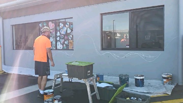 Day 1 of the mural at Appleberries Early Education Service - Caboolture South. We're happy with the progress we made today and we're looking forward to seeing what we accomplish tomorrow 😃