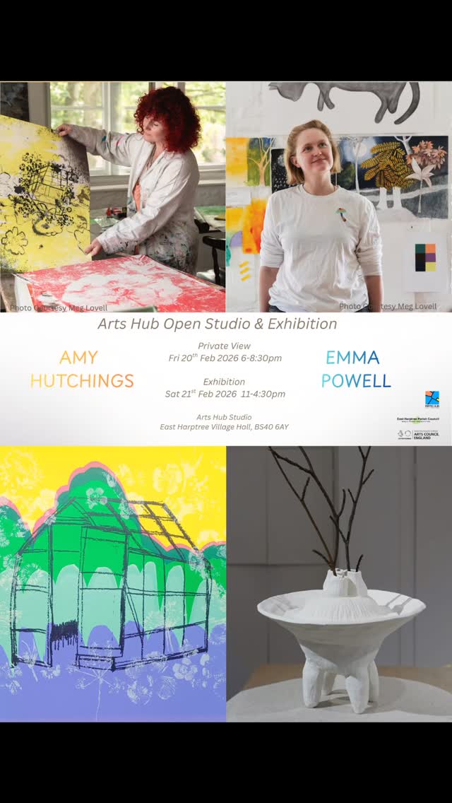 So excited to announce our upcoming Open Studios and Exhibition! Artists in Residence Amy Hutchings and Emma Powell will be exhibiting a selection of artwork created over their year's residency at the Arts Hub.
Drop by the Arts Hub to see the creative magic that's been happening this year in the studio and maybe take home an artwork with you! There will be prints by @amyhutchingsprints and pottery by @emmapowelletc - check out their work beforehand or get in touch via email!
Private View
Friday 20th February
6-8:30pm
Exhibition
Saturday 21st February
11am - 4:30pm
Location
East Harptree Arts Hub
Entrance up the metal stairs above the community shop
East Harptree Theatre and Village Hall
BS40 6AA
#artshub #chewvalley #artexhibition #artstudio #communityart