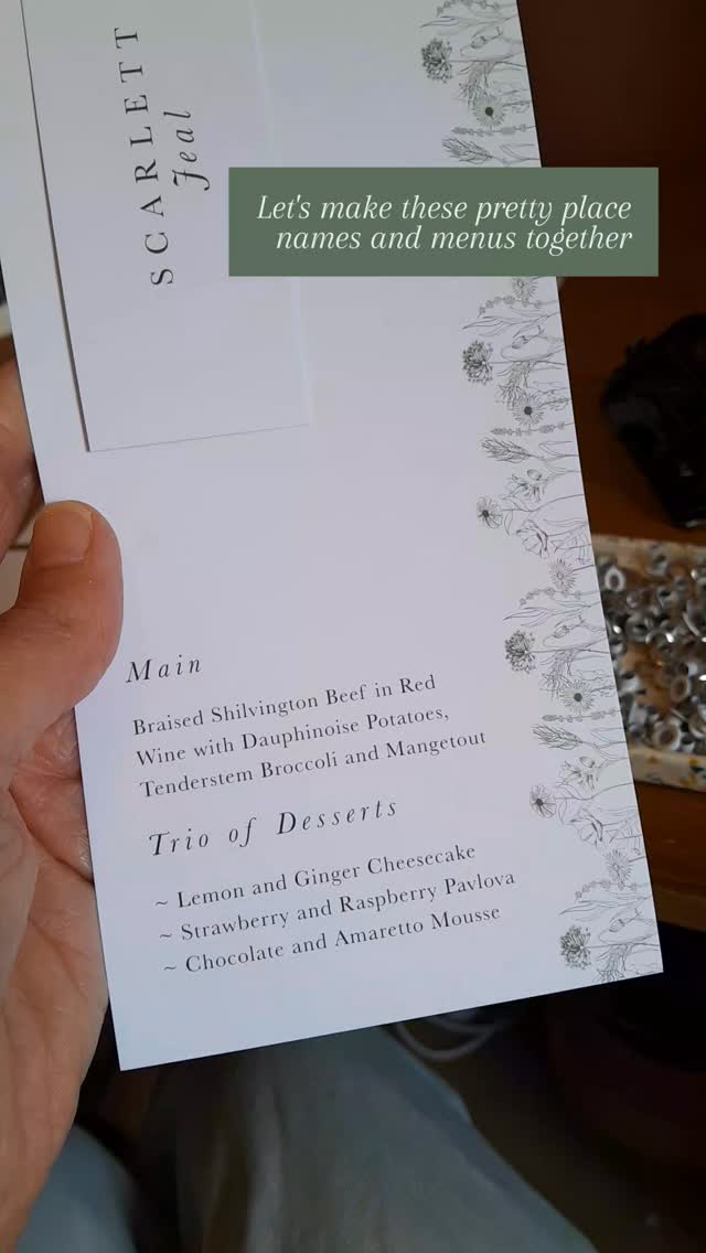 A little behind-the-scenes look at how I make your place names and menus. I'm not going to lie, this part of the job, the hands-on combining bits part, takes quite a long time. Especially when there are a lot of guests! A good podcast or blasting out a tune or two helps!
This is one of my house design templates, Wildflowers, combined with some of @laikstyle's gorgeous sage green, peace silk ribbons, which really are the cherry on the cake!
If this menu is tickling your fancy, I'd love to make it for you, too. DM or email me for a quote.
Sally xx
#weddingmenus #ukweddingstationery #wildflowers #fromsallywithlove