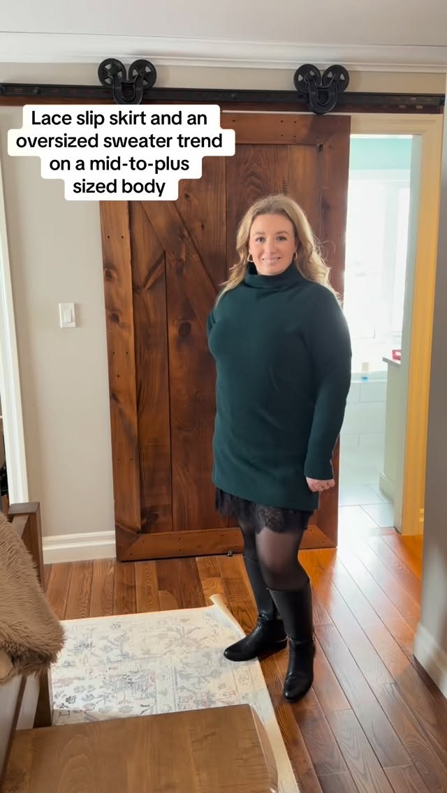Lace slip skirt & an oversized sweater trend on a mid-to-plus size body! #amazoncanada #canadianfashion #fashion #reallifemom #ad https://amzn.to/4tt6V71