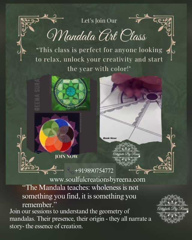 A mandala is the universe folded into a moment.
Drawing a mandala is not just about drawing an intricate pattern- its significance lies deeper …
Join the mandala learning sessions @artyfacts_reena and learn to create one integrated with your own energetic pattern.
What you learn here ↙️
➡️ Understand what mandalas are and their cultural significance.
➡️ Learn how mandalas relate to mindfulness and personal expression.
➡️ Understand the maths and patterns behind mandalas.
➡️ Understand colour harmony: complementary, analogous, triadic.
➡️ Integrate spiritual or psychological meaning into design.
➡️ And much more …
🎨 connect with us to know more about the curriculum 💫
📞+919890754772
🔗 www.soulfulcreationsbyreena.com
#art #artwork #artclasses #artstudio #puneartclasses