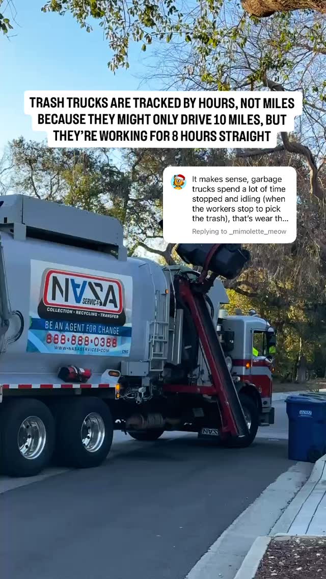 This comment actually nails it 🎯 A lot of a trash truck’s day isn’t spent driving. It’s spent stopping, idling, lifting bins, running hydraulics, and compacting load after load. So even with low mileage, the engine is running and working nonstop for an entire shift.
That’s why maintenance and wear are tracked by engine hours, not miles. Miles show distance. Hours show work.