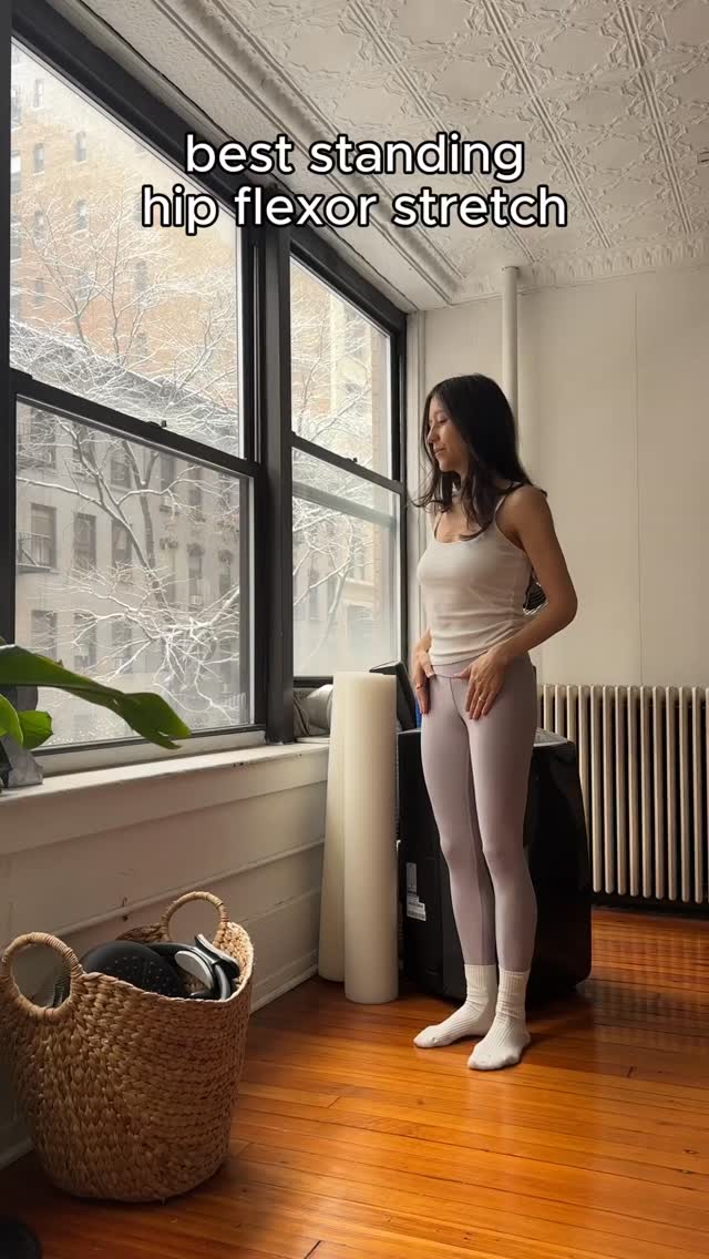 Your hip flexors get tight from sitting, gripping your core, carrying kids, and living with ribs lifted. They connect your spine to your legs, so when they shorten, they pull your pelvis forward, arch your low back, and shut down your glutes and deep core.
Stretching them helps restore posture, reduce low back tension, and bring your pelvis back under you.
With your front foot supported, gently press your pelvis forward while keeping your ribs soft so the stretch stays in your hips instead of your low back.
Release first. Then strengthen.