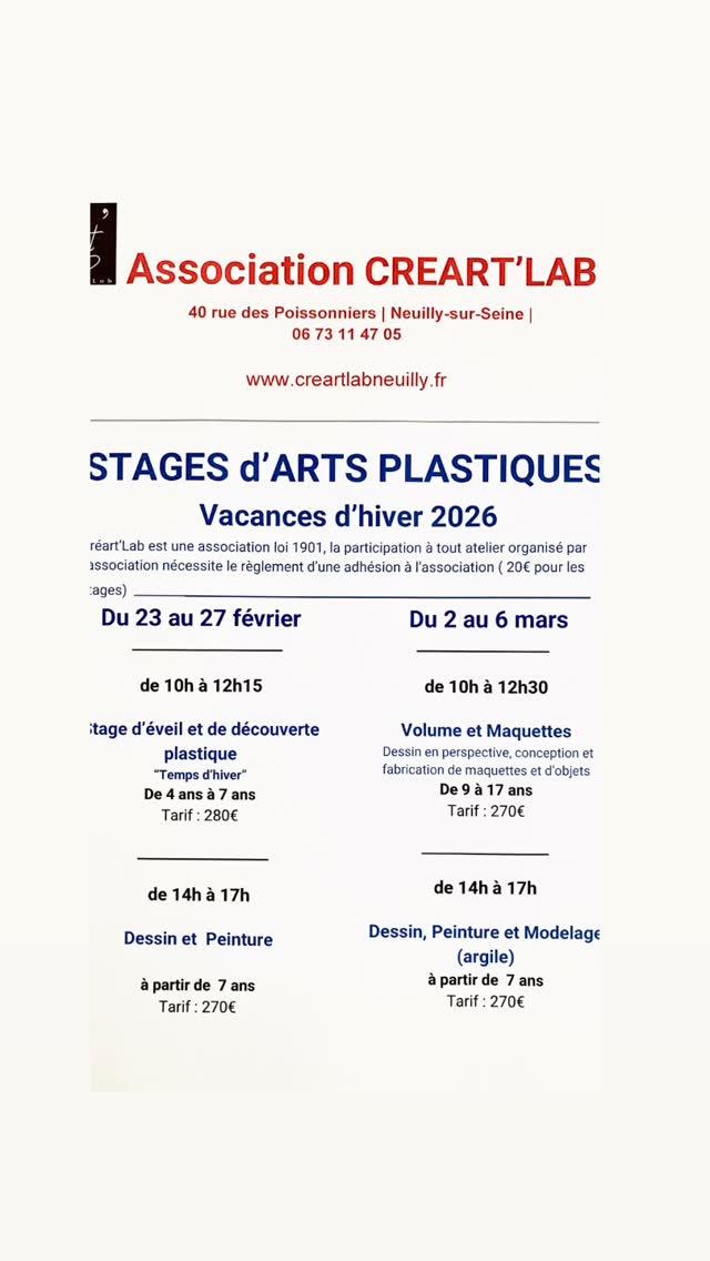 Voici nos stage pour les prochaines vacances d’hiver 💫🎊
#stageartistique #stagedepeinture #neuillysurseine🇫🇷 #stagedessin