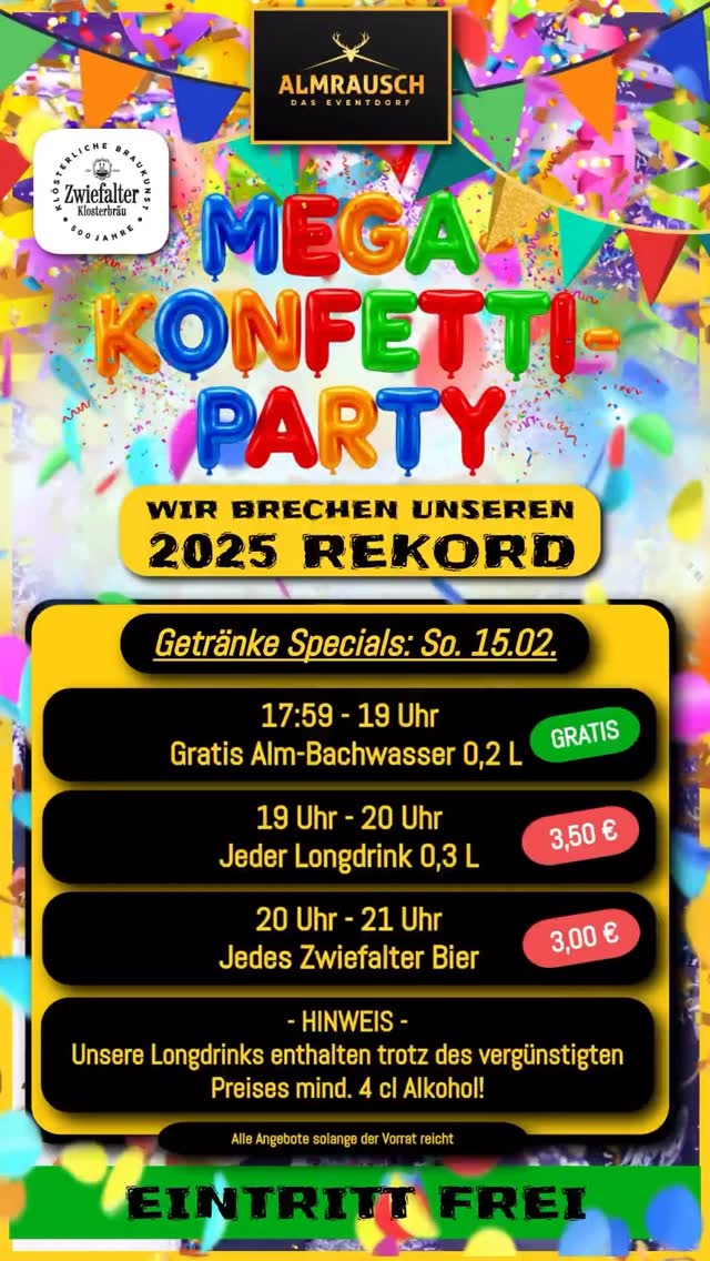 💥 Die größte Eskalation der Region! Am 15.02. im Almrausch, eurem Eventdorf in Reutlingen!
Wir bieten soviel Party und Specials wie kein anderer 🥳🤩
Hier ein paar Highlights 🍻🍾🥂
#konfettiparty #Fasnet #häs #almrausch_rt #zunft