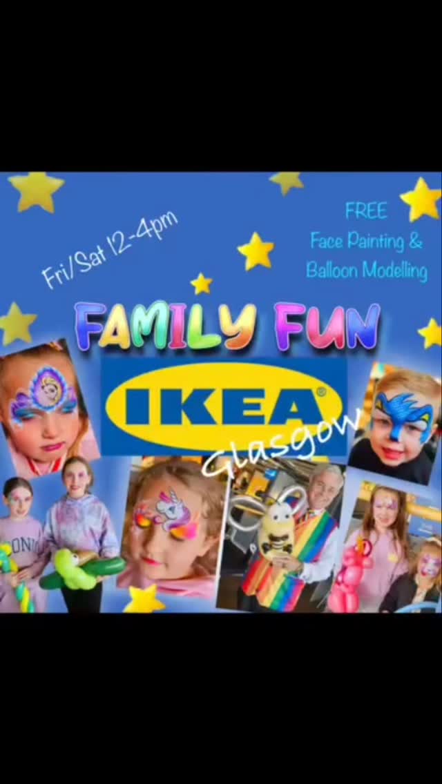 This Saturday and Sunday love is in the air. It's Valentines weekend and also IKEA Family Fun both days 12-4pm in Braehead, IKEA. See you there 🥳
Face Painting
Balloon modelling
Arts and crafts