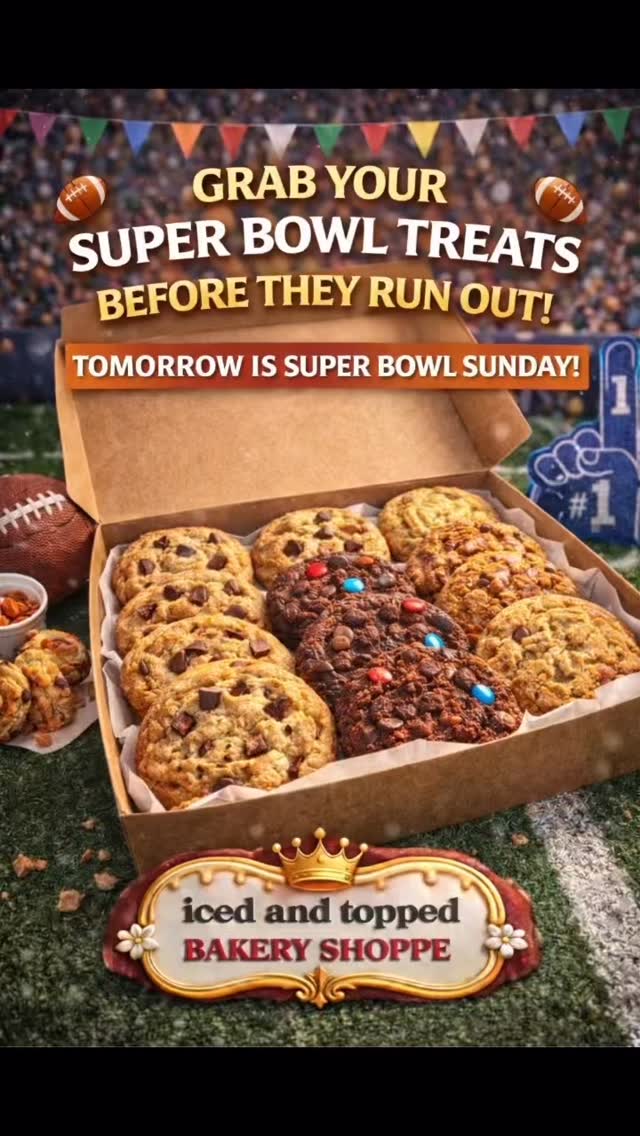 🏈🍪 GRAB YOUR SUPER BOWL TREATS BEFORE THEY RUN OUT! 🍪🏈
Tomorrow is Super Bowl Sunday — the BIG game day on Sunday, February 8, 2026! 
Don’t miss out on our Super Bowl Cookie Box — a dozen chocolate chip or mixed assortment cookies perfect for your watch party, snack spread, and cheering crew!
Swing by today and make sure your treats are ready before kickoff. 🏆🔥
📍 Iced & Topped Bakery Shoppe #IcedAndTopped
#SuperBowlTreats
#GameDayDesserts
#SuperBowlSunday
#CookieBox
FootballSnacks
GameDayEats
DessertRun
SweetGameDay
BakeryLove
LastMinuteTreats
SupportLocal
CookieLovers