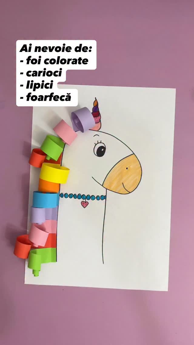 O activitate simplă și foarte iubită de copii, perfectă pentru dezvoltarea motricității fine și a creativității.
Copilul desenează (sau primește desenat) capul unui unicorn pe o coală albă. Din foi colorate se taie fâșii care se rulează sau se îndoaie ușor, apoi se lipesc pe conturul capului pentru a crea coama unicornului. La final, copilul poate colora fața unicornului și adăuga detalii (ochi, corn, colier, inimioare etc.).
#gradinitaonline #activitaticopii #activitatipentrucopii #kidsactivities #activitiesforkids