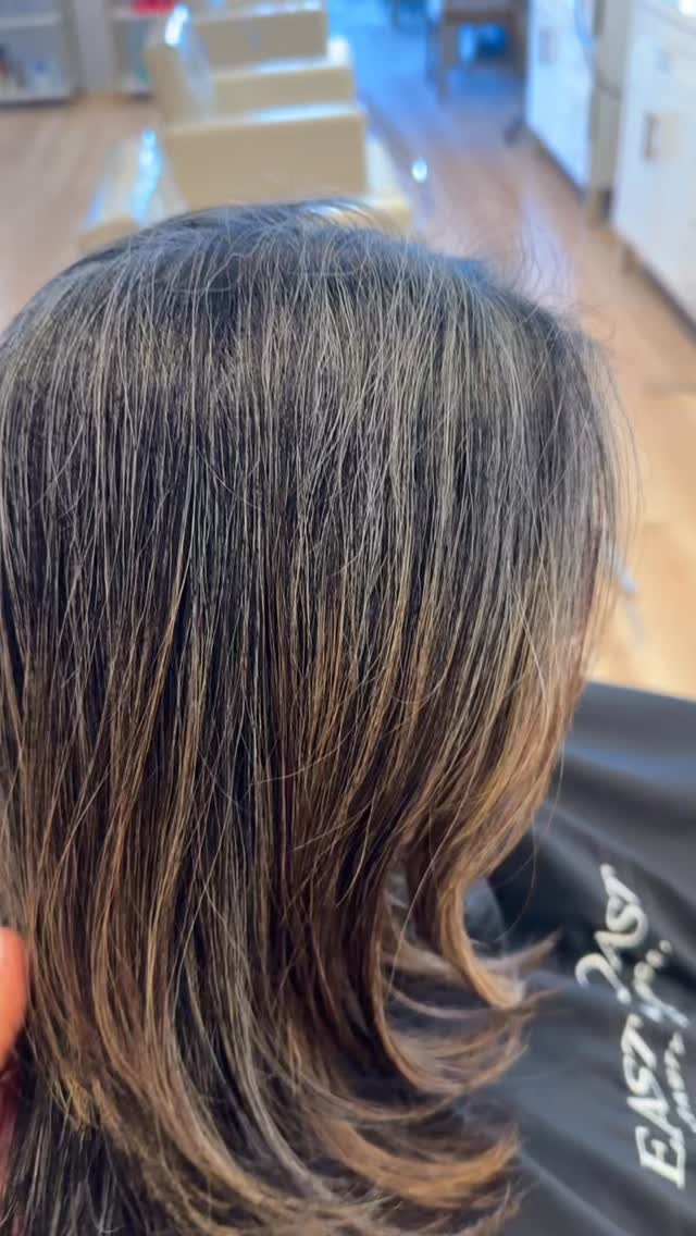 Everyone’s grey journey is different❗️
She was ready to grow her grey out, with having such a dark root naturally, it was getting hard to maintain her color, and she didn’t mind the look of the gray hair is coming in so she was ready.
We highlighted her last about six months ago, and have since been cutting and glossing every 8 weeks.
We decided to stop highlighting because it got to a point that it blended enough for her liking, and we were able to still keep her hair very healthy with where it was at. Because we were coloring her hair so dark for years, it would’ve been very hard to achieve a whiter highlight color without jeopardizing her healthy hair. We initially let her back portion of her hair grow in naturally and stopped coloring the first, and then did a big initial chop when she first highlighted it as well, which took care of a lot of the old dark color.
@allnutrient gloss: 9P + 9C🫶🏻
@livingproofinc moisture mask 😍
#bostonma #hairinspo #behindthechair #hairgoals #wilmingtonma