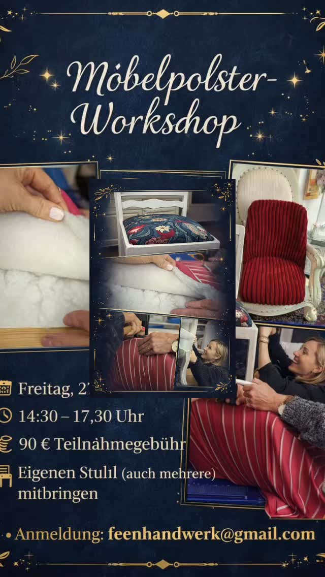 Nur noch wenige Plätze frei
📅 Freitag, 27. Februar
• ⏰ 14:30 – 17:30 Uhr
• 💶 90 € Teilnahmegebühr
• 🪑 Eigenen Stuhl (auch mehrere) mitbringen
• ✉️ Anmeldung: feenhandwerk@gmail.com
#möbelpolstern #slowcrafts #kreativseinmachtglücklich #leipzigkreativ #upcycling