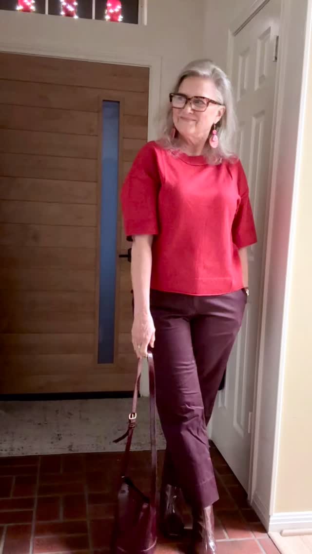 I was inspired 😊by the last frame here - a color combo I saw at the Grammies. Those eggplant 🍆 pants or burgundy pieces from fall - add red! ♥️This sweater from @amazon I just got in. Love the loose fit and the sleeves - I’ll link in stories. The earrings are @rivana_jewelry - use THYMEFREE to save. Would you try this combo? #thymemag #redandburgundy #valentineslook