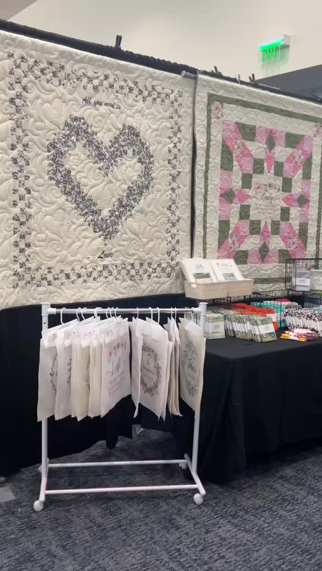 All set at the Quilting in Paradise Quilt Show. It’s h appening today and tomorrow in Port St Lucie Come see me and all the other Fabulous quilting friends. #Quiltinginparadise2026 #memoryquilt #memorykeeping #memoryquiltmaker #familylegacy