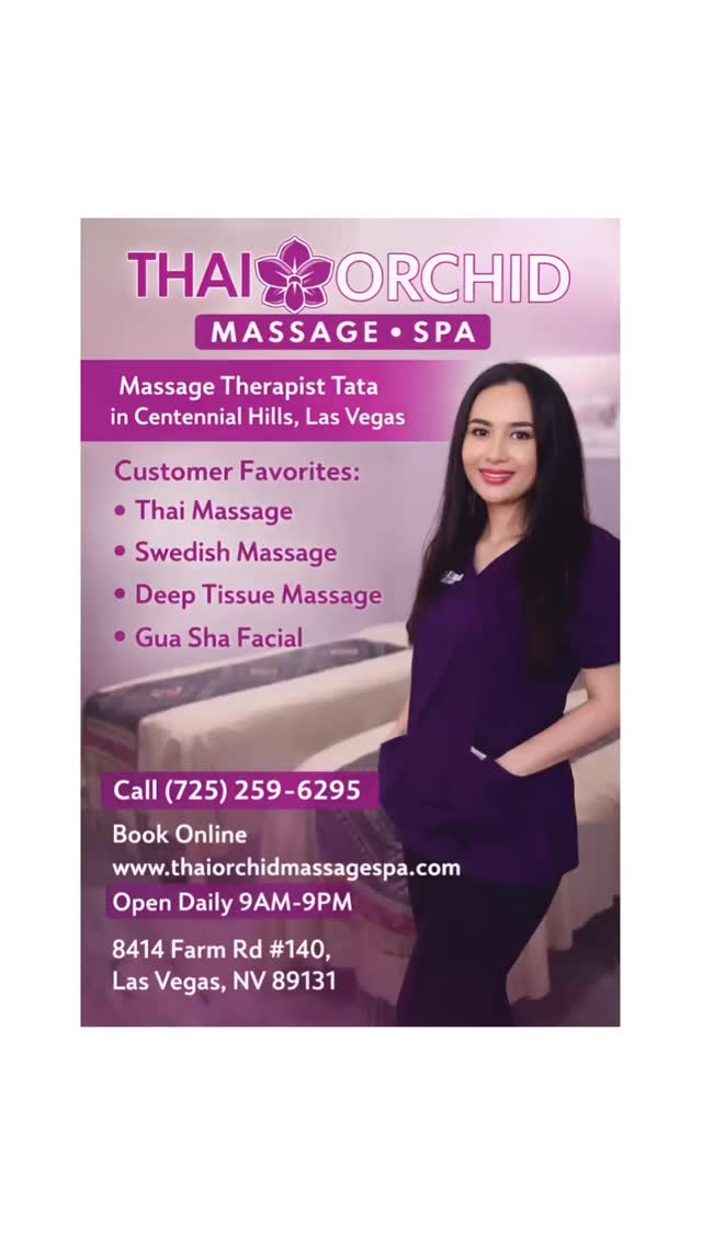 Massage Therapist in Centennial Hills Las Vegas 💆♀️
Meet Tata at Thai Orchid Massage & Spa — your go-to spot for real pain relief, stress reset, and total relaxation.
Locals in Centennial Hills swear by her Thai Massage, Swedish Massage, Deep Tissue & Gua Sha Facial.
Perfect before work, after workouts, or when your body just needs a reset.
📍 Centennial Hills, Las Vegas
📞 (725) 259-6295
🕘 Open Daily 9AM–9PM
🌐 Book online: www.thaiorchidmassagespa.com
If you’re searching “Best massage near me in Las Vegas” — this is it.
#lasvegaslocals #centennialhillslv #centennialhillssalon #summerlinnorth #vegasweekend