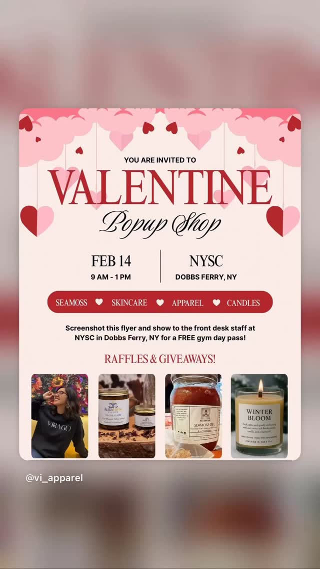 💘 Valentine Pop-Up Shop 💘
We’re popping up this weekend at NYSC in Dobbs Ferry and you’re invited!
🗓 February 14
⏰ 9AM – 1PM
📍 NYSC | Dobbs Ferry, NY
Come shop all the Valentine vibes — candles, skincare, apparel, seamoss + more ✨
I’ll have the perfect gifts for:
❤️ Your partner
❤️ Your bestie
❤️ Your mama
❤️ And of course… YOU
There will also be raffles & giveaways 🎁
✨ BONUS: Screenshot this flyer and show it to the front desk staff at NYSC for a FREE gym day pass!
Tag your Valentine and meet me there 💋
#DobbsFerry #ValentinesPopUp #WestchesterEvents #ShopLocalNY #ValentinesGifts CandleLovers SoulCandles