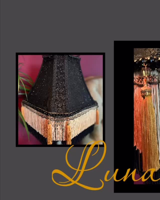 Name: Luna (Meaning - Godess Of The Moon)
Colour: Black / Gold
Lamp Frame: Fancy Square 12”
Lamp Style: Table Lamp
Category: Gothic/Burlesque
Price: £318.99
Luna is the latest in my line of Gothic/Burlesque lampshades. She was reimagined from an old second hand square lamp frame. Her corners are designed to give out more light, beneath her beautiful black lace fabric. Her name was inspired by her gold sparkly panels, portraying a dark starry night sky. She has Swarovski Crystal Cubes and handmade Swarovski Crystal chain mail, on each corner, with a gorgeous lace skirting.
She’s a must have for anyone drawn to the moon or Astrology!