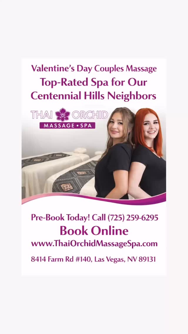 Looking for the perfect Valentine’s Day couples massage in Centennial Hills or North Summerlin? 💜
Treat your partner to a relaxing experience you’ll both love at Thai Orchid Massage & Spa — a top-rated spa for locals.
We proudly serve couples from Sun City Summerlin, Skye Canyon, Kyle Canyon, Centennial Heights, Silverstone Ranch, Wyeth Ranch, and Tule Springs.
✨ Limited Valentine’s Day appointments available — pre-book before we sell out!
📞 Call to book: (725) 259-6295
🌐 Book online: www.ThaiOrchidMassageSpa.com
📍 8414 Farm Rd Suite 140, Las Vegas, NV 89131
This Valentine’s Day, give an experience that actually helps you relax together.
#tulesprings #kylecanyon #centennialhillslv #summerlinnorth #lasvegaslocal