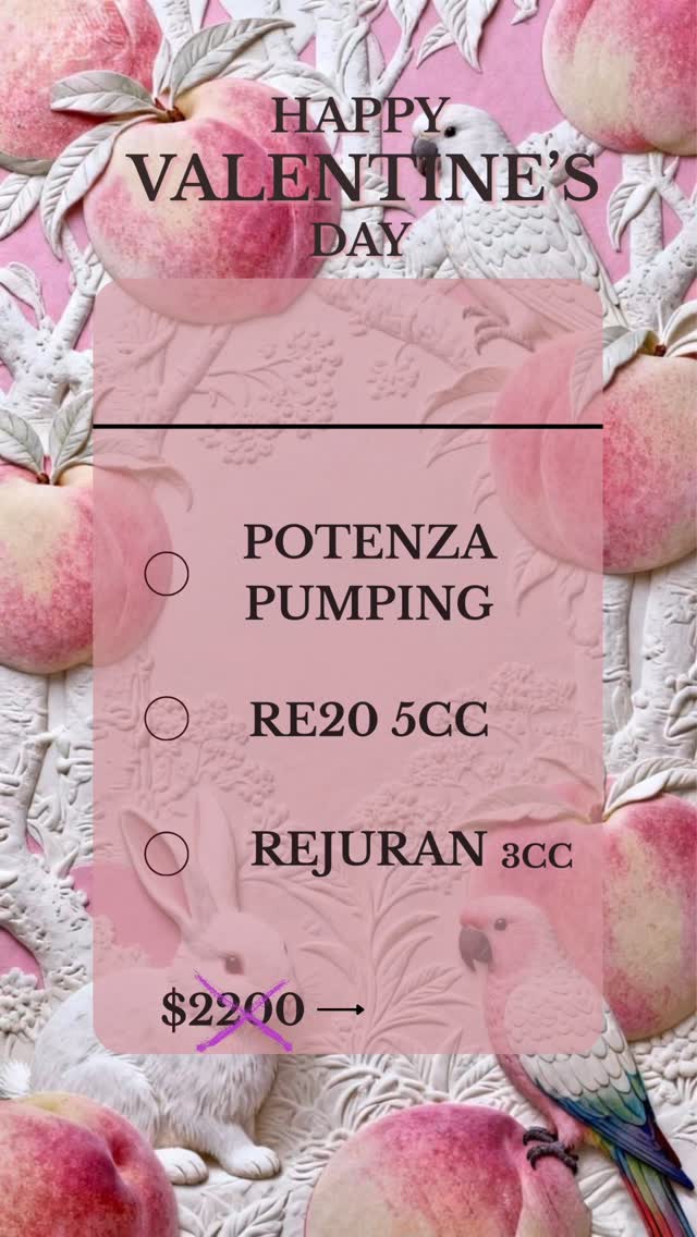 🎀 February Special 🎀 was $2200 ➡️ 🏷️ $1000
☑️ Potenza pumping
☑️ RE20 5cc
☑️ Rejuran 3cc