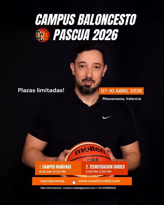🏀Campus Tecnificación “Pascua” 2026
👉🏻 Descripción del Campus
📍Fechas: 7,8,9 & 10 Abril de 2026
📍Ubicación: Massanassa, Valencia - España
📍Edades: Todas las edades y niveles
🏀Entrenador: @coachcrudeli
El Campus Tecnificación “Pascua” 2026 es una experiencia de 4 días llena de acción, centrada en el desarrollo de habilidades, el trabajo en equipo y la estrategia de juego. Nuestro entrenador principal brindará instrucciones personalizadas a jugadores de todos los niveles, ayudándoles a mejorar su tiro, manejo del balón, pase, defensa y comprensión general del baloncesto.
Campus #1 - Tecnificación Mañanas-
Mañanas: (9.30 - 12:30) - “Todas las edades y niveles” Grupo reducido
Descripción: Desarrollo de fundamentos en grupo reducido, bote, pase, tiro, finalizaciones, 1x1,2x2.
Campus #2 - “Tecnificación Tardes” -
Sino has podido asistir por la mañana, no te preocupes! Tenemos grupo reducido de trabajo en horario de 3-5pm. “Solo canasta grande”
Toda la información en www.coachcrudeli.com o WhatsApp +34 636881842
#basketballcamp #basketball #basketballcoach