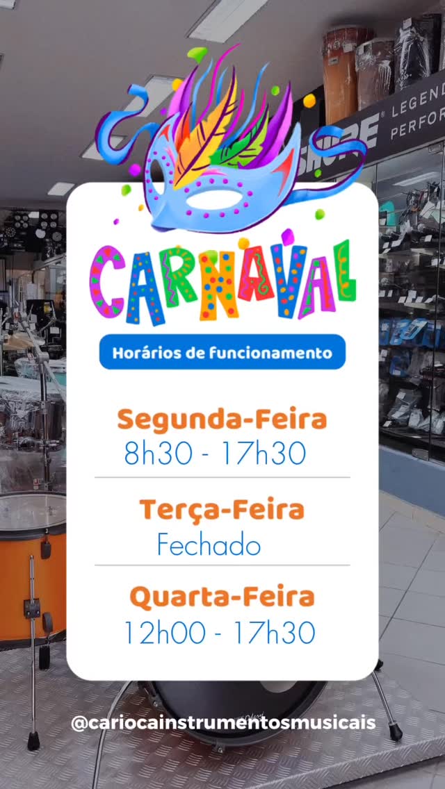 Atenção ⚠️
.
Nosso horário de funcionamento nesse carnaval ✨
#vempracarioca #cariocainstrumentosmusicais