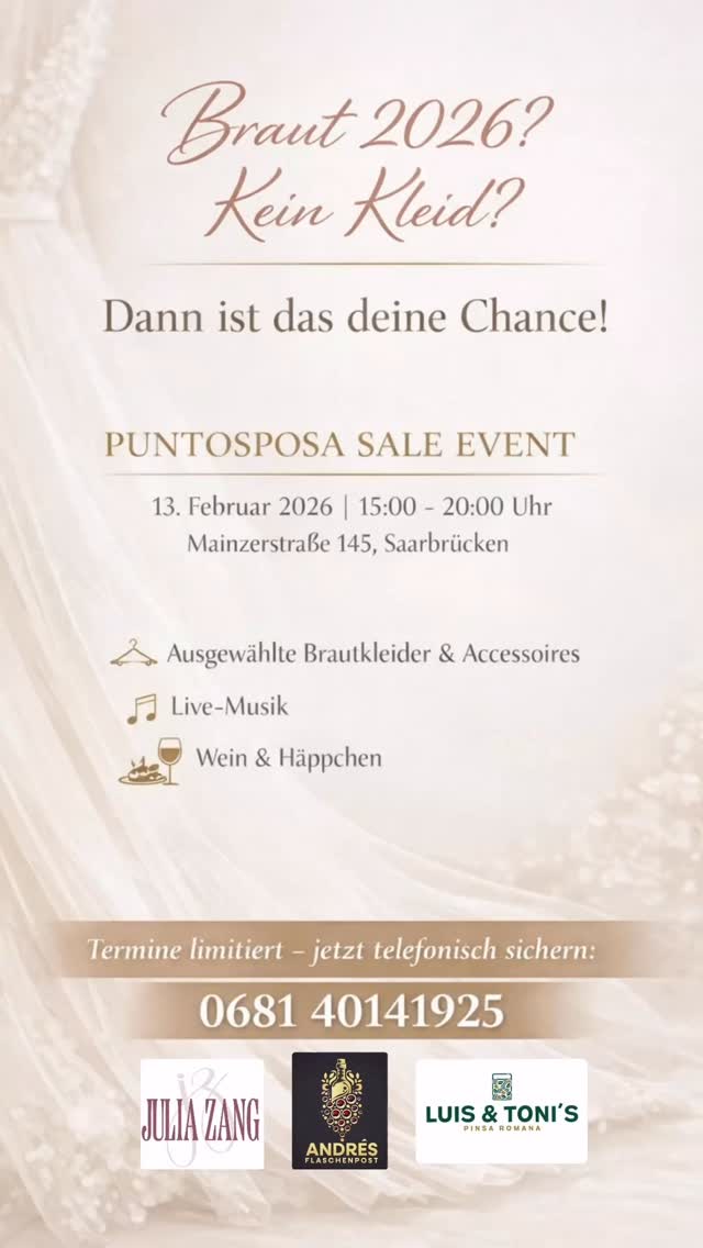 Saarland, aufgepasst.
Du bist eine Braut 2026 und hast noch kein Brautkleid?
Dann solltest du dir den 13. Februar rot markieren.
PUNTOSPOSA räumt auf.
Wir schaffen Platz für neue Ideen, neue Projekte und neue Brautmode.
Das bedeutet für dich: ausgewählte Brautkleider und Accessoires zu Preisen, die es in dieser Form nicht mehr geben wird.
Dieses Event ist kein klassischer Sale.
Es ist eine einmalige Gelegenheit für Bräute, die wissen, was sie wollen –
und schnell genug sind, es sich zu sichern.
Das erwartet dich:
Ausgewählte Brautkleider & Accessoires
Stark reduzierte Preise
Live-Musik für echte Brautmomente
Wein und feine Häppchen in entspannter Atmosphäre
Wann: 13.02.2026 | 15:00 – 20:00 Uhr
Wo: PUNTOSPOSA – Brautmode Saarbrücken
Mainzerstraße 145, 66121 Saarbrücken
Wichtig:
Die Anzahl der Termine ist streng limitiert.
Pro Braut ist nur eine Begleitperson möglich.
Anmeldung ausschließlich telefonisch unter 0681 40141925.
Wer zu spät kommt, sucht weiter.
Wer anruft, könnte sein Brautkleid finden.
@andres_flaschenpost
@juliaz.music
@luis.und.tonis
#saarlandbraut #sale #event #saarbrücken #braut2026❤️💍
