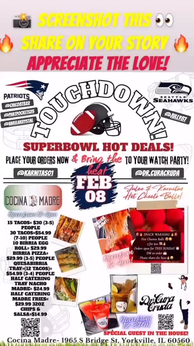 This Sunday I’ll be at 📍Covina Madre 1965 Bridge St Yorkville , IL 60560 ! Come out for some great food and drinks #drcuracruda #palomas #michiladas #cocinamadre #superbowl