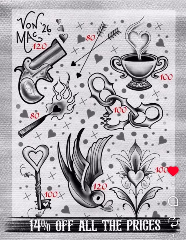 A few more flash sheets for this weekend from @vonmactattoos 13% off for Friday the 13th and 14% off on Valentine’s Day! Check out his page for more information or to book 🖤
