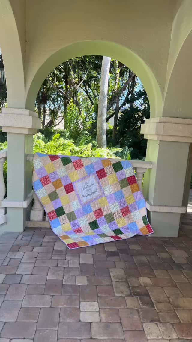 Such a fun memory quilt! She loved the scrappy look and I think we nailed it!! All the special messages were written by hand on fabric. Great alternative to a wedding Guest book. #sweetonstitches #memoryquilt #memoryquilt #familylegacy #guestbook