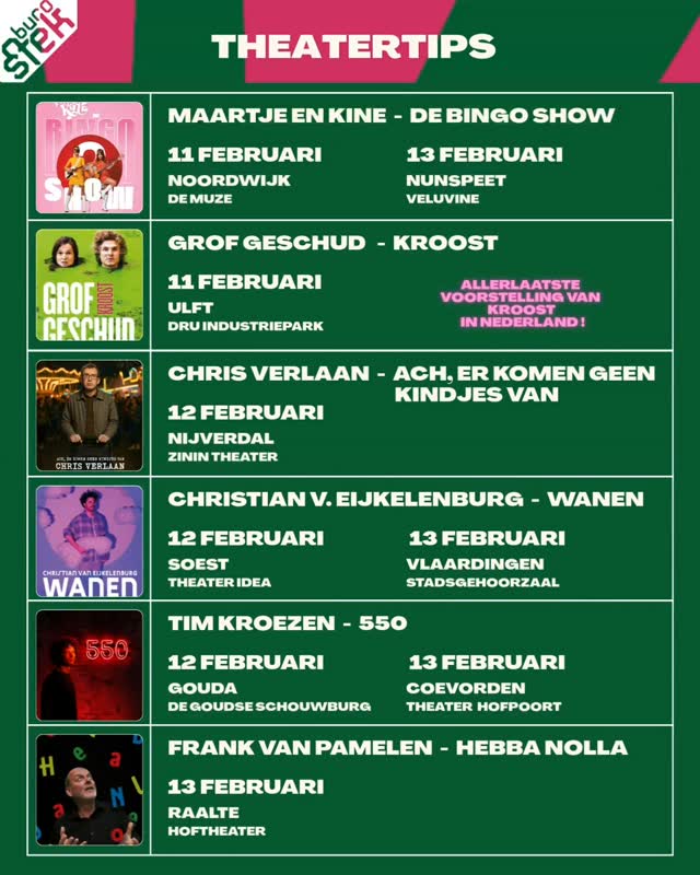 Toch de deur uit met dit druilerige weer, maar waarheen? Of wil je niet tot Valentijnsdag wachten om op date te gaan? Hier nog een aantal leuke #tips waar je het warm krijgt van het #lachen !
@maartjekine @demuzenoordwijk @veluvinenunspeet
@grof_geschud @dru.industriepark
@chrisverlaan_cabaret @zinintheater
@cveijkelenburg @ideacultuur @stadsgehoorzaalvlaardingen
@tim_kroezen @degoudseschouwburg @scctheaterhofpoort
@frankvanpamelen @hoftheater