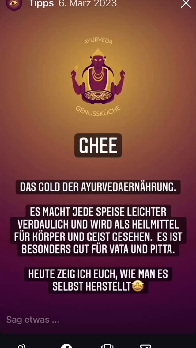 Ghee einfach selbst herstellen🌟🌟🌟
Ghee wird oft als das Gold des Ayurveda bezeichnet und ist in jeder guten Ayurvedaküche zuhause.
Es hat viele gute Eigenschaften und gilt als regenerierend, immunstärkend und entgiftend.
Es ist für alle Doshas verträglich, besonders Vata und Pitta profitiert von der beruhigenden und nährenden Eigenschaft des Ghees. Kapha sollte ehr sparsam damit umgehen.
Es wird dem süssen Geschmack (Rasa) zugeordnet und wirkt kühlend (Virna).
Ist leicht verdaulich und eines der besten Rasayanas im Ayurveda.
Ghee wirkt nicht nur auf die Körpergewebe, sondern es stärkt ebenfalls das Erinnerungsvermögen und sorgt für ein psycho-mentales Gleichgewicht.
Ghee ist ein wahres Superfood und schmeckt einfach wunderbar.
Versuch es mal, einfach selbst gemacht 🤩🤩🤩
#ayurveda #gesundeernährung #ayurvedadeutschland #ghee #ayurvedafood