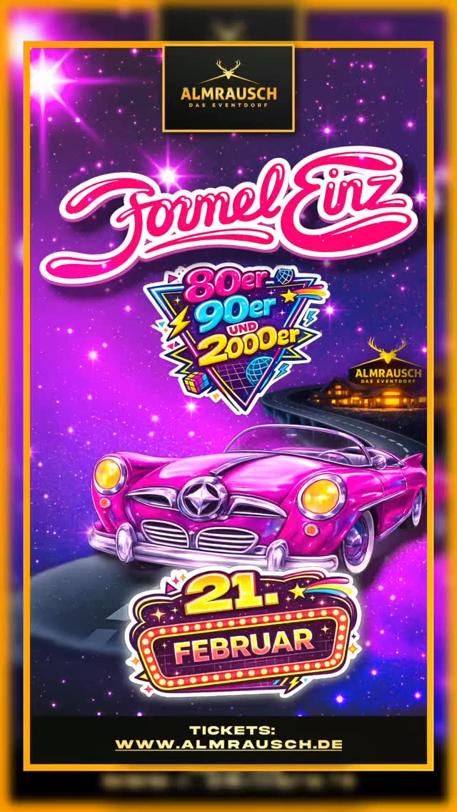 🌟🪩 Start frei für die legendärste Zeitreise des Jahres und unsere brandneue Partyreihe! Steig ein und fahr mit uns zurück zur geilsten Zeit überhaupt!
📆 21.02.2026 ab 21:00 Uhr
🔰 Tickets unter www.Almrausch.de
Im Almrausch schalten wir einen Gang hoch und feiern die Formel-Einz-Party. Wir schicken dich auf die Überholspur direkt zurück in die besten Musik-Epochen aller Zeiten. Nicht verpassen! 😯
#80s #90erParty #almrausch_rt #feierngehen