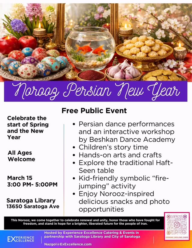 Norooz is almost here 🌸✨
Join us as we welcome the Persian New Year with community, culture, and celebration at the Saratoga Library.
From music and dance to tradition, joy, and togetherness, this event honors renewal, hope, and new beginnings. This year, we also gather with intention... holding space for what’s happening in Iran and using our joy, visibility, and voices to stand in solidarity and hope.
Whether Norooz is part of your heritage or brand new to you, we can’t wait to celebrate with you.
📍 Saratoga Library
📅 March 15
🎉 All are welcome
For spring. For light. For hope. And to be a voice when voices are silenced. 💫
#Norooz #PersianNewYear #WomanLifeFreedom #SaratogaEvents #CommunityCelebration NewBeginnings Norooz1404 BayAreaEvents