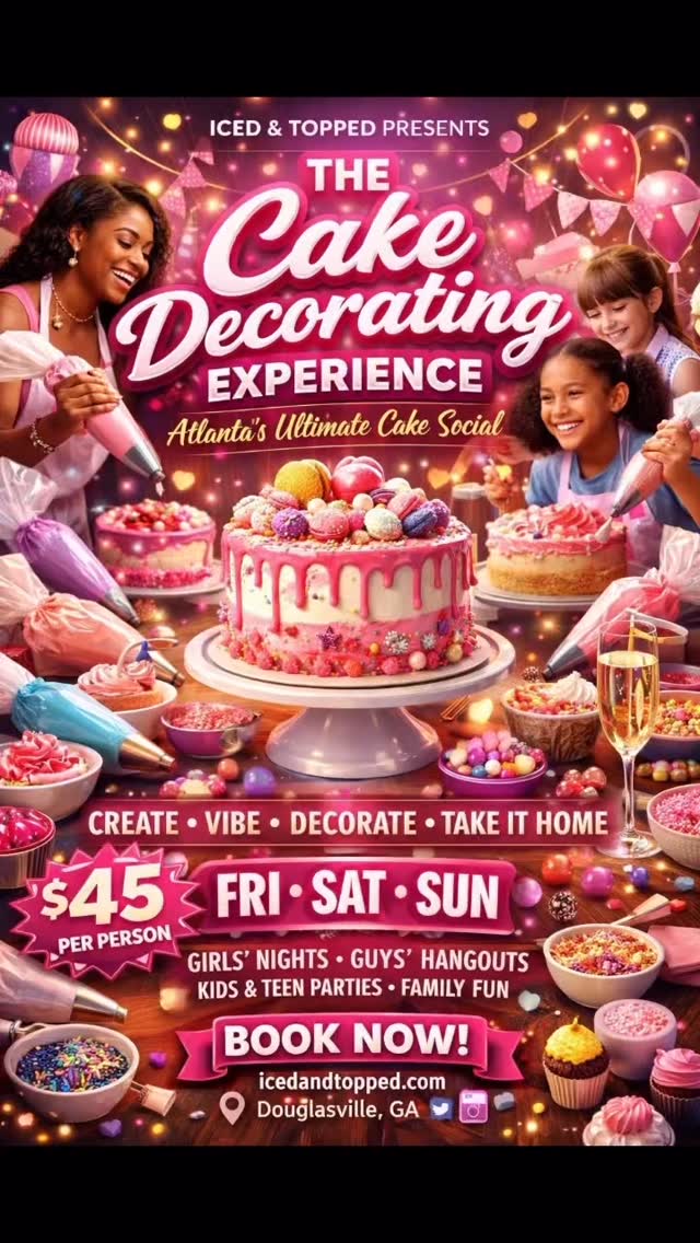 ✨🎂 ATLANTA—IT’S TIME TO DECORATE CAKE DIFFERENTLY 🎂✨
Looking for something FUN to do on the weekend that’s not the same old dinner plans?
Welcome to The Iced & Topped Cake Decorating Experience — where you come for the vibes and leave with a cake 😌
This is NOT a class.
It’s a cake decorating adventure.
🧁 What you’ll do:
✔️ Decorate your own 6-inch, 2-layer cake
✔️ Choose buttercream colors & toppings
✔️ Pipe, drizzle, sprinkle & design
✔️ Vibe to music
✔️ Take your masterpiece home
Perfect for:
💄 Girls’ night out
👟 Guys’ hangouts
🎉 Birthday celebrations
🧁 Kids & teen parties
👨👩👧👦 Family get-togethers
💰 $45 per person
🗓️ Available:
Friday & Saturday Nights
Sundays (Kids, Teens & Families)
📍 Iced & Topped Bakery Shoppe
Douglasville, GA
🎟️ Spots are limited — advance booking required
👉🏽 Book now at icedandtopped.com
Come cute.
Decorate freely.
Leave with a cake. 🎂✨
#IcedAndTopped
#CakeDecoratingExperience
#AtlantaEvents
#AtlantaThingsToDo
#GirlsNightATL