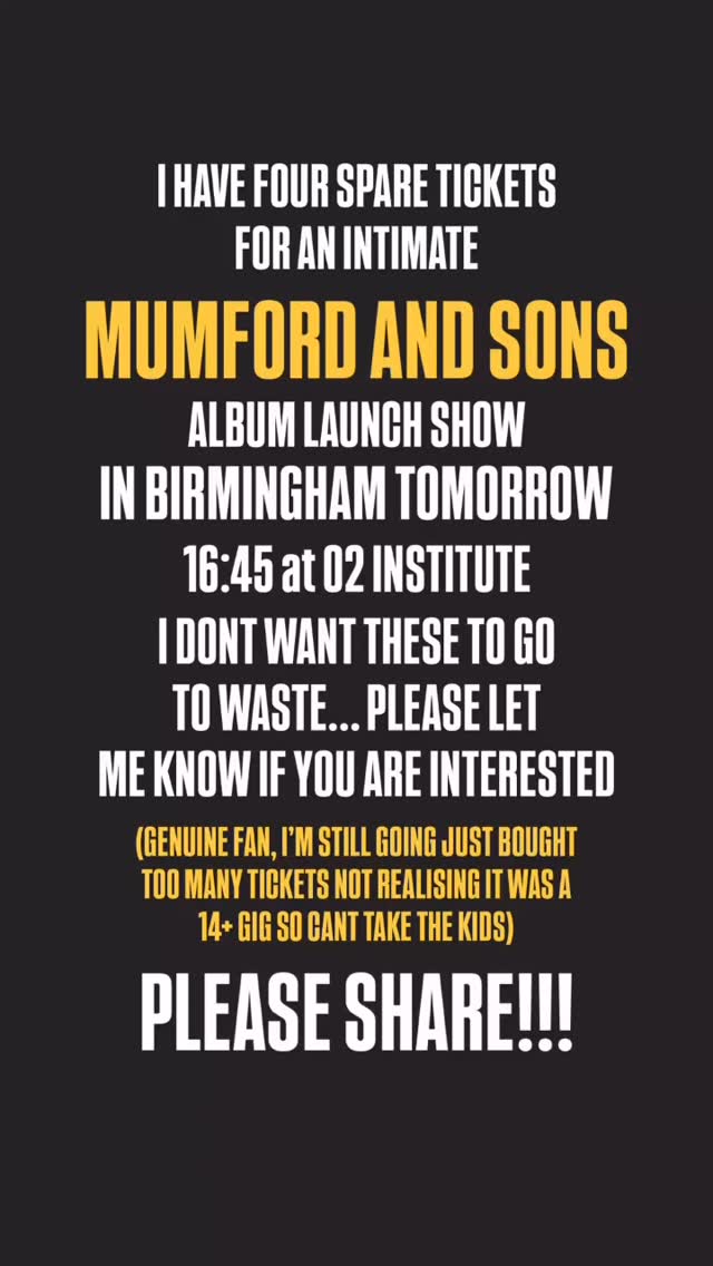 Genuine spare tickets!! Please share!! #mumfordandsons #mumfordandsonstickets @mumfordandsons @marcusmumford @mumford_heart